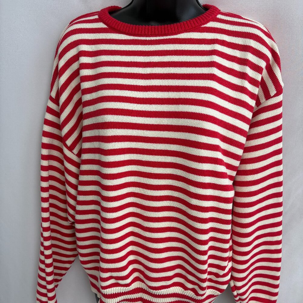 Sonderhaus Red Striped Organic Cotton Pullover Sweater Size M White Natural Crew